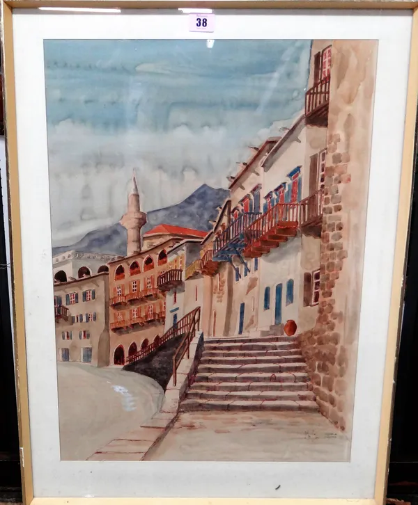 John Sobry (20th century), Cyprus, pen, ink and watercolour, signed, inscribed and dated '73, 58cm x 40.5cm.