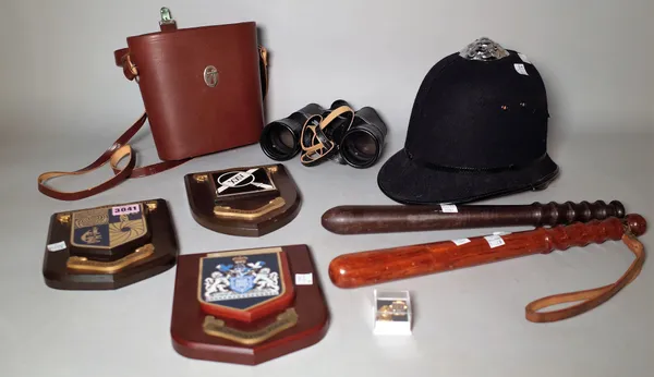 Collectables including a police helmet, two truncheons, three plaques, binoculars and sundry, (qty).