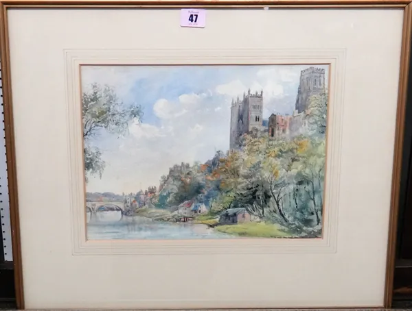 A group of three early 20th century watercolours, including a view of Durham from the river, an old woman in a cottage interior and a view of a summer