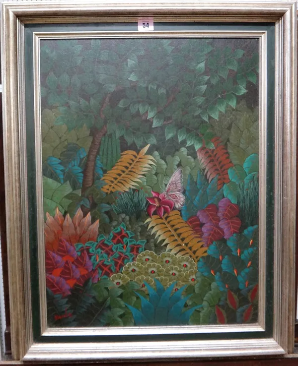 Naval (20th century), a Haitian scene of ferns and foliage, oil, indistinctly signed and dated '88, 60cm x 44cm.