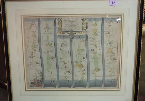 John Ogilby, The Road from London to Portsmouth, late 17th century, framed map, 62cm wide x 54cm high.