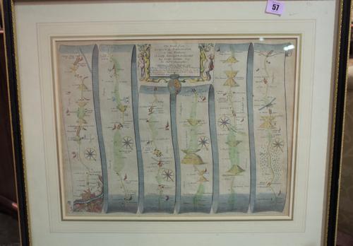 John Ogilby, The Road from London to Portsmouth, late 17th century, framed map, 62cm wide x 54cm high.