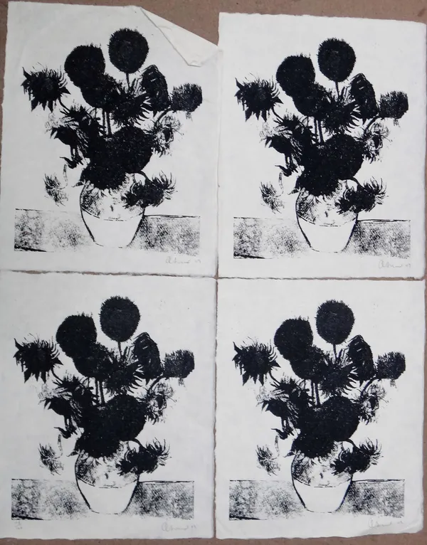 Continental School (contemporary), van Gogh's sunflowers, four screenprints, all indistinctly signed and dated '09, unframed, each 53cm x 43cm, (4). 6