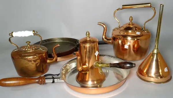 A collection of copper ware including kettles, warming pan, samovar and sundry, (qty).