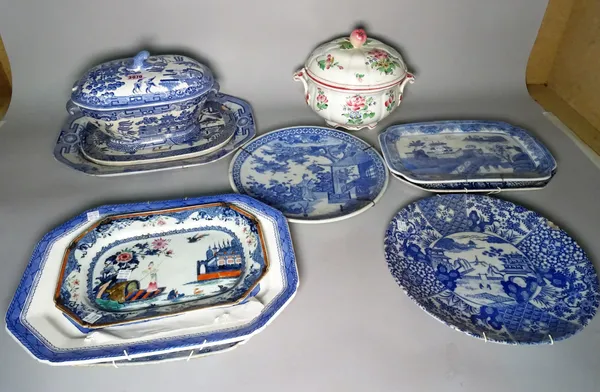 A group of 19th century and later mainly blue and white ceramics including serving dishes, plates and tureens, (qty).