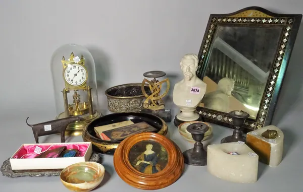 Collectables in a brass anniversary style clock with dome, marble bust, postal scales, silver candlesticks (a.f) and sundry, (qty).