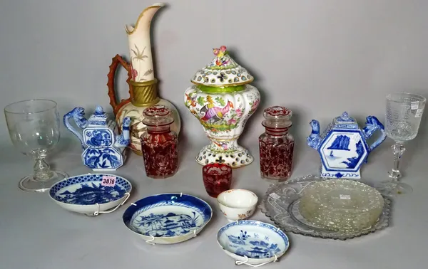 Ceramics and glass including 19th century black and white plates, Bohemian glass bottles, glass coronation plates and sundry, (qty).