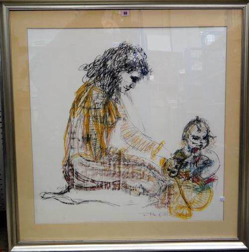 Tom Merryfield (20th century), Mother and child, pastel and mixed media, signed, 84cm x 82cm. ARR