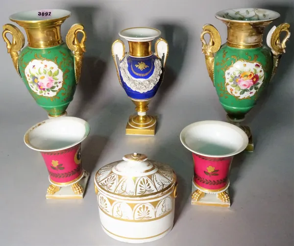 A group of 19th century and later Paris type porcelain, including vases and an oval lidded box, largest vase 30cm high, (a.f), (qty).