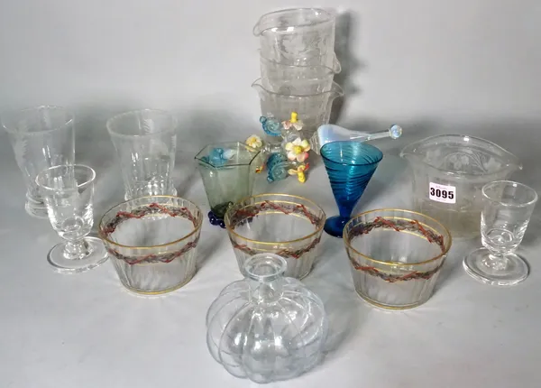 A group of 19th century and later glass, including gilt decorated finger bowls, etched drinking glasses and sundry, including a large glass dish, 36cm