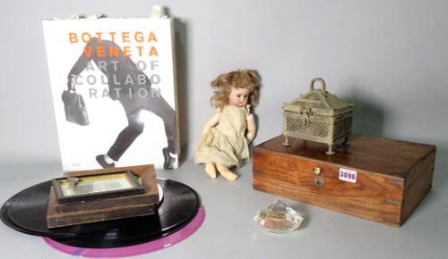 Collectables, including an early 20th century bisque head child's doll, assorted records and a book 'Art of Collaboration', (qty).