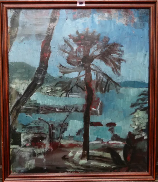 English School (20th century), Coastal scene with tree, oil on canvas, 65cm x 54cm.