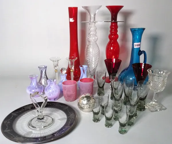 A quantity 20th century decorative glass including Caithness vases, coloured glass vases and sundry, (qty).