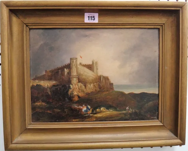 English School (19th century), View of a coastal castle, probably Bamburgh Castle, oil on panel, 22cm x 30.5cm.