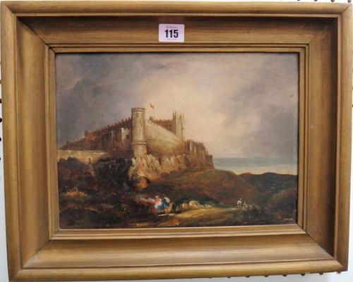 English School (19th century), View of a coastal castle, probably Bamburgh Castle, oil on panel, 22cm x 30.5cm.