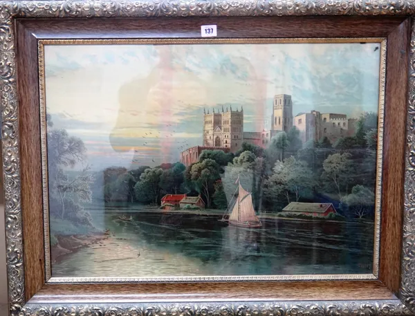 English School (19th century), Durham Cathedral from the river; Haymakers on the banks of a river, a pair of chromolithograph prints, each 49cm x 69cm