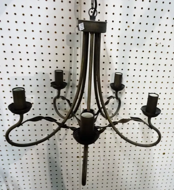 A modern bronzed metal five branch chandelier, with two matching wall lights, a modern cream chandelier, five twin branch wall lights, and two cream a