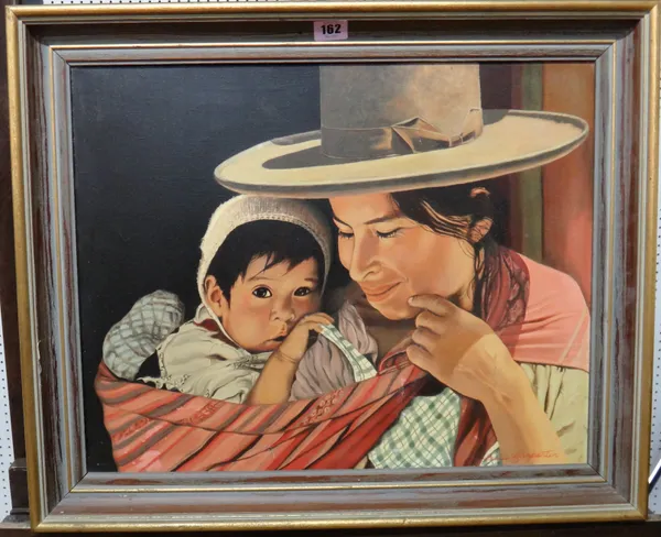 Leslie Carpenter (20th century), Mother and child, oil on board, signed, 39cm x 49.5cm, together with a pair of modern oils of Classical sculpture, (3