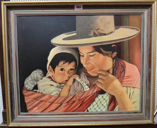 Leslie Carpenter (20th century), Mother and child, oil on board, signed, 39cm x 49.5cm, together with a pair of modern oils of Classical sculpture, (3