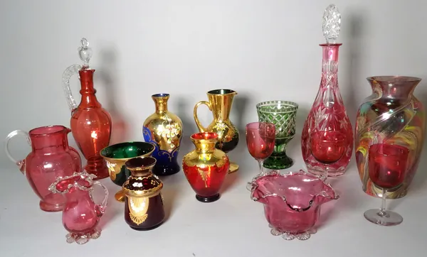 A group of decorative coloured glass, vases, bowls, cups and sundry, (qty).