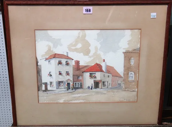 R.A. Clyde, Street scene, watercolour, signed and dated 1964, 27cm x 37cm; together with a pen and ink interior scene by another hand, (2).