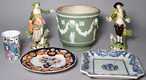 Ceramics to include; a pair of early 19th century Derby figures of a shepherd and shepherdess, a Wedgwood green Jasperware jardiniere, a Masons Ironst