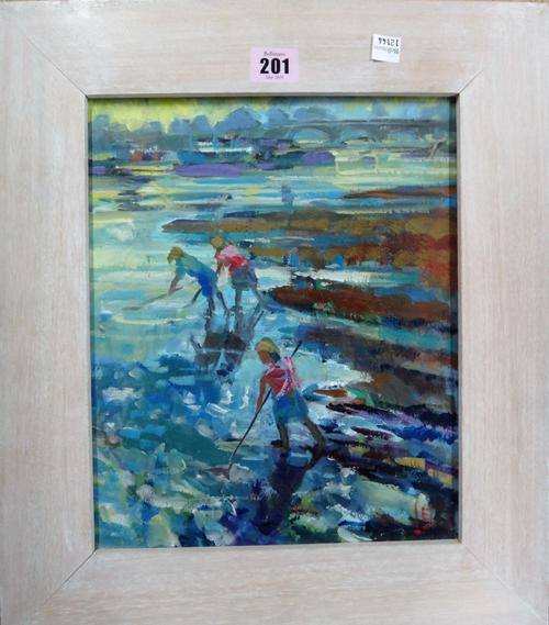 A group of four 20th century oils, including figures on the shore, a lake scene, floral still life and figures,(4).