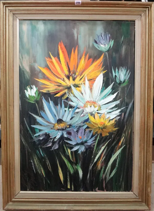 English School (20th century), Flowers, oil on canvas, indistinctly signed and dated 1973, 90cm x 60cm.