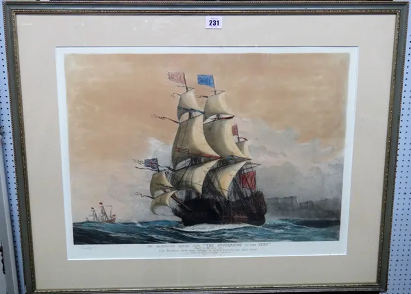 Harold Wyllie (1880-1975), The Soveraigne of the seas, engraving with hand colouring, signed in pencil, 38.5cm x 58.5cm.