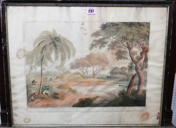 After Samuel Howitt, Hunting an old Buffalo; The Common Wolf Trap; A Tiger hunted by wild dogs; Peacock shooting, four aquatints with hand colouring,