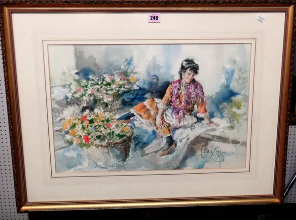 Gordon King (b.1939), The Flower Seller, watercolour, signed, 34.5cm x53cm.