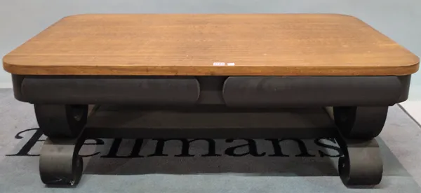 A mid-20th century teak rectangular coffee table on black painted base, 127cm wide x 43cm high.