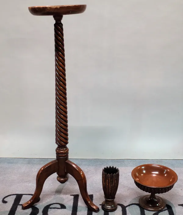 A late 19th century mahogany jardiniere stand with a spiral twisted column, 28cm wide x 107cm high, a modern mahogany fruit bowl, 25cm diameter x 18cm