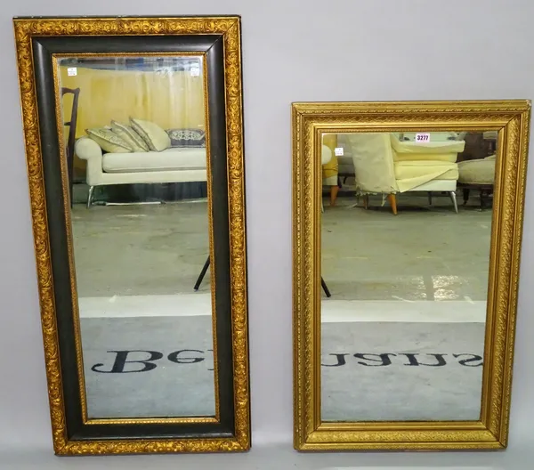 A 20th century gilt framed rectangular wall mirror, 90cm wide x 55cm high, and another green painted and parcel gilt decorated wall mirror, 51cm wide