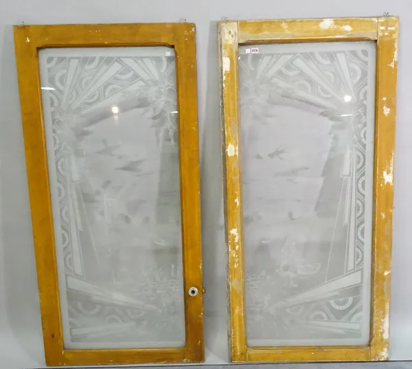 A pair of painted pine frames inset with etched glass panels depicting 19th century Dutch scenes, 80cm wide x 162cm high, (2).