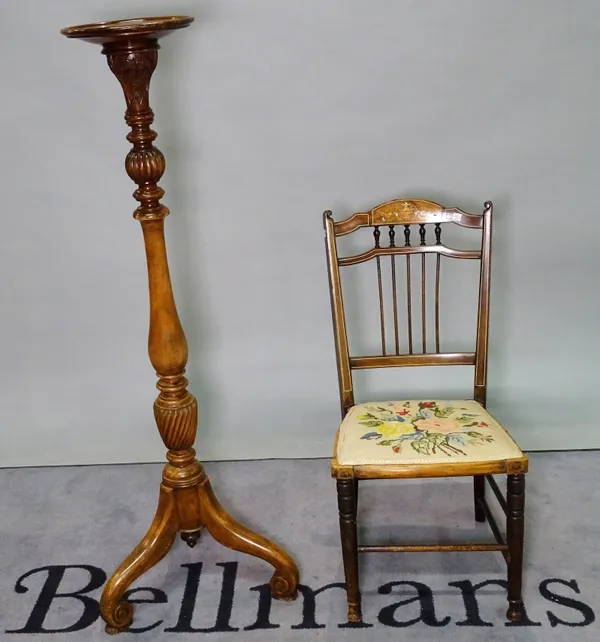 A Victorian style stained beech jardiniere stand on turned column, 25cm diameter x 112cm high, and an Edwardian inlaid mahogany side chair, 40cm high