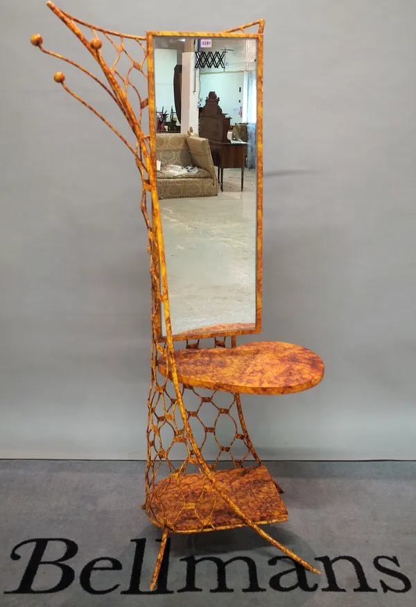 A mid-20th century yellow painted two tier mirrored hall stand, 56cm wide x 163cm high.