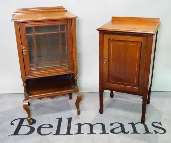 An Edwardian mahogany side cabinet with a glazed door on cabriole supports, 48cm wide x 91cm high, and an Edwardian mahogany pot cupboard, 45cm wide x