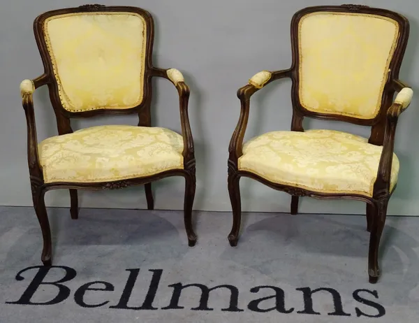 A pair of Louis XVI style stained beech open armchairs, 55cm wide x 87cm high, (2).