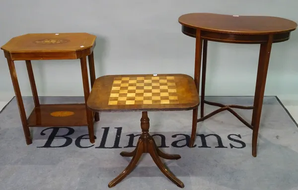 An Edwardian mahogany kidney shaped side table, 62cm wide x 73cm high, and an Edwardian inlaid mahogany two tier side table, 50cm wide x 61cm high, an