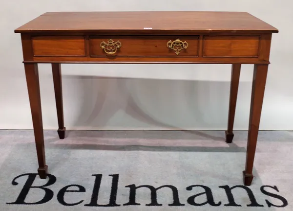 A George III style mahogany single drawer side table on tapering square supports, 107cm wide x 75cm high.