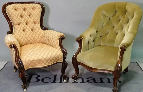 A late Victorian mahogany framed armchair with buttonback upholstery, and another similar with green buttonback upholstery, 65cm wide x 96cm high, (2)