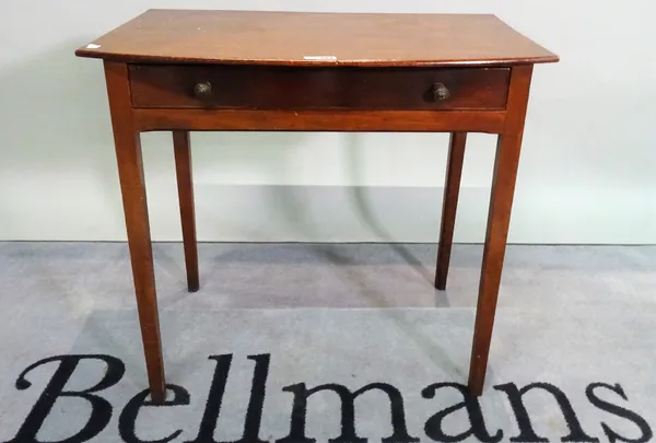 A 19th century mahogany bowfront single drawer side table on tapering square supports, 76cm wide x 72cm high.