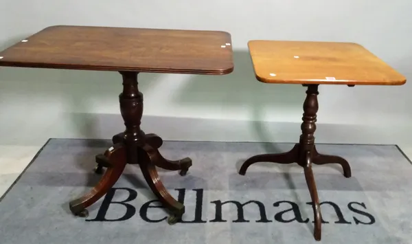 A 19th century mahogany tripod table, the rectangular top on three downswept supports, 55cm wide x 68cm high, and a 19th century mahogany centre table