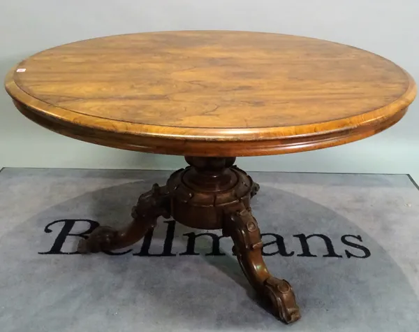 A Victorian rosewood circular tilt top breakfast table on three carved outswept supports, 129cm diameter x 74cm high.