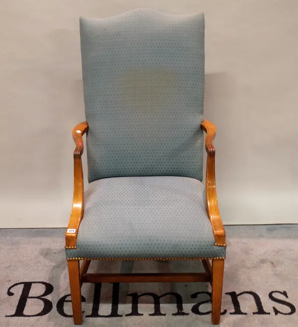 A Regency style stained beech highback open armchair, 60cm wide x 119cm high, and an 18th century style stained beech ladderback open armchair, 58cm w