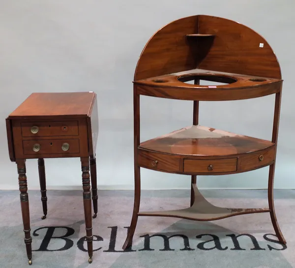 A Victorian mahogany corner washstand, 68cm wide x 109cm high, and a Victorian mahogany two drawer drop flap side table, 48cm wide x 70cm high, (2).