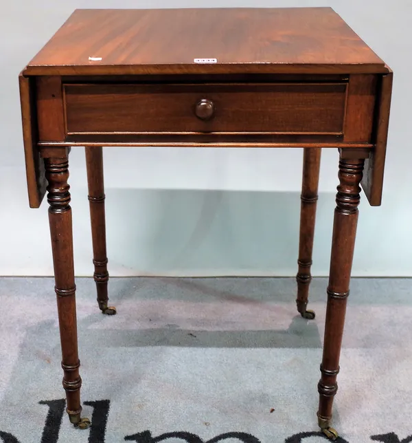 A late Victorian mahogany drop flap single drawer sewing table, 52cm wide x 69cm high.