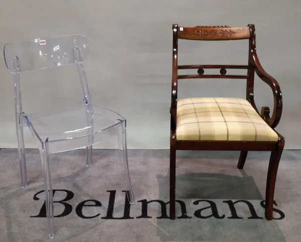 Domitalia; a 20th century perspex bar back chair, 47cm wide x 81cm high, and a Regency style mahogany open armchair, 48cm wide x 78cm high, (2).