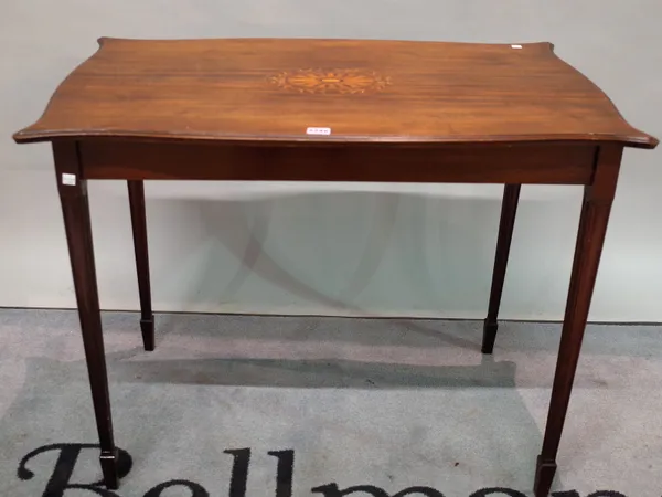 A Regency style inlaid mahogany side table with tapering square supports, 91cm wide x 71cm high.